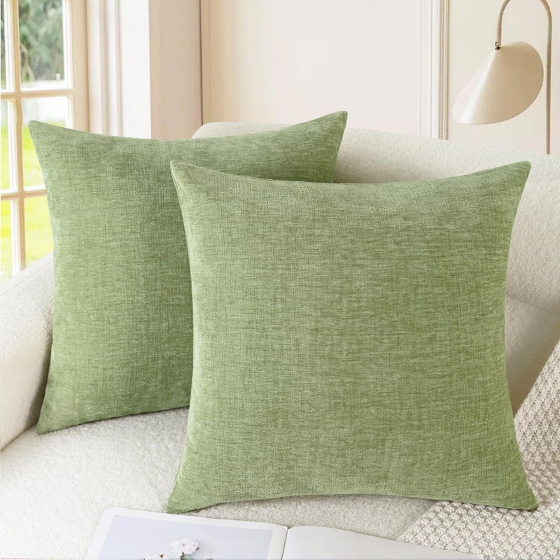 CaliTime Throw Pillow Covers Decorative 18 X 18 Inches Pack of 2 Cozy Chenille Cushion Cases for Couch Sofa Bed Living Room Home Sage Green - Image 1